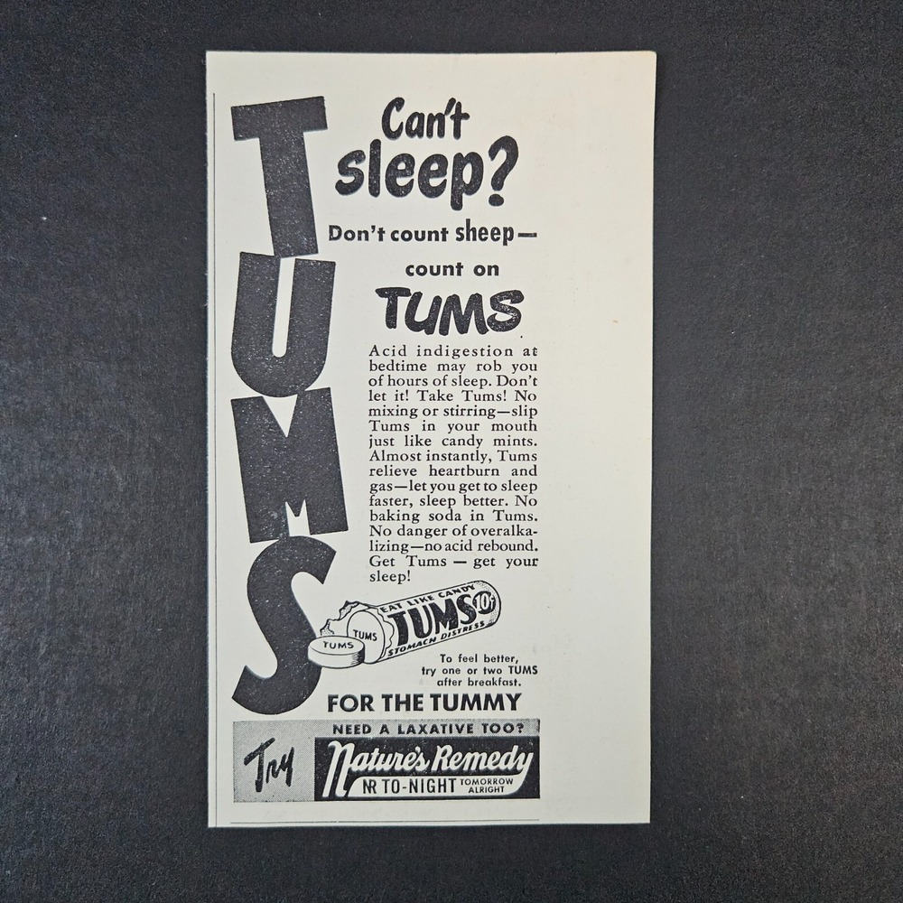 1949 Tums Stomach Distress Vintage Print Ad Eat Like Candy Acid Indigestion Tabs